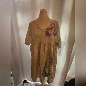 Floral Italian Linen Dress in Cream and Purple Floral Free Size Small Medium